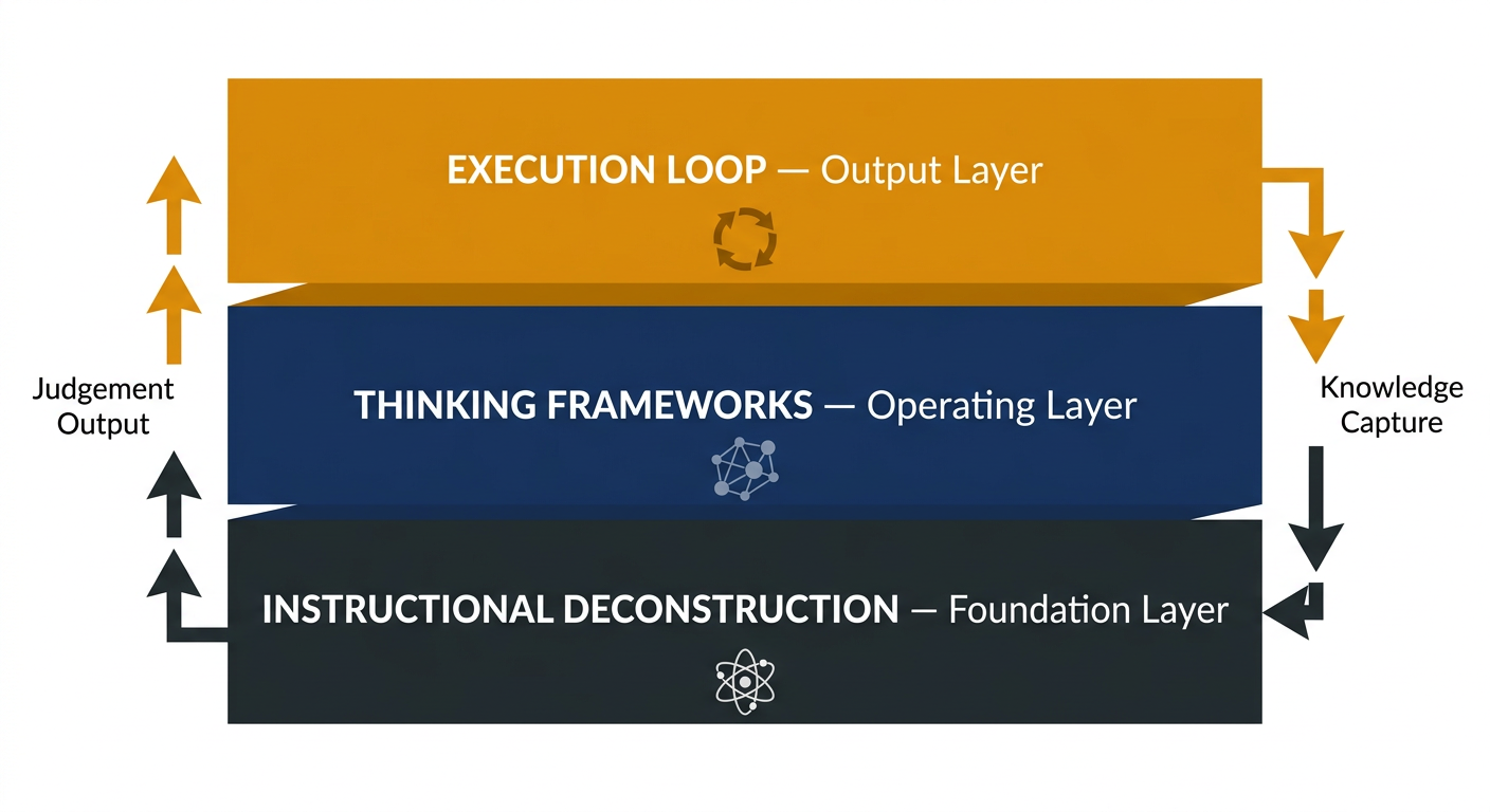 The HOS Three-Layer Architecture — a stacked diagram showing Instructional Deconstruction as the foundation, Thinking Frameworks as the operating layer, and the Execution Loop as the output layer