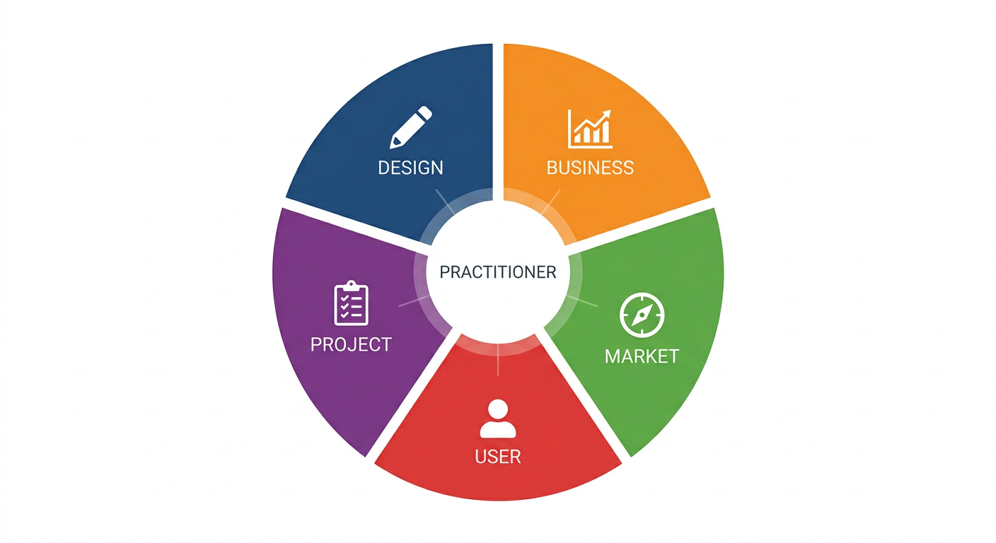 The Five Domains Wheel — a circular diagram showing Design, Business, Market, User, and Project as five interconnected domains around a central practitioner