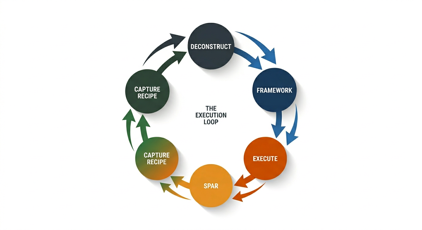 The Execution Loop Flywheel — a circular diagram showing: Deconstruct → Framework → Execute → Spar → Capture Recipe → back to Deconstruct