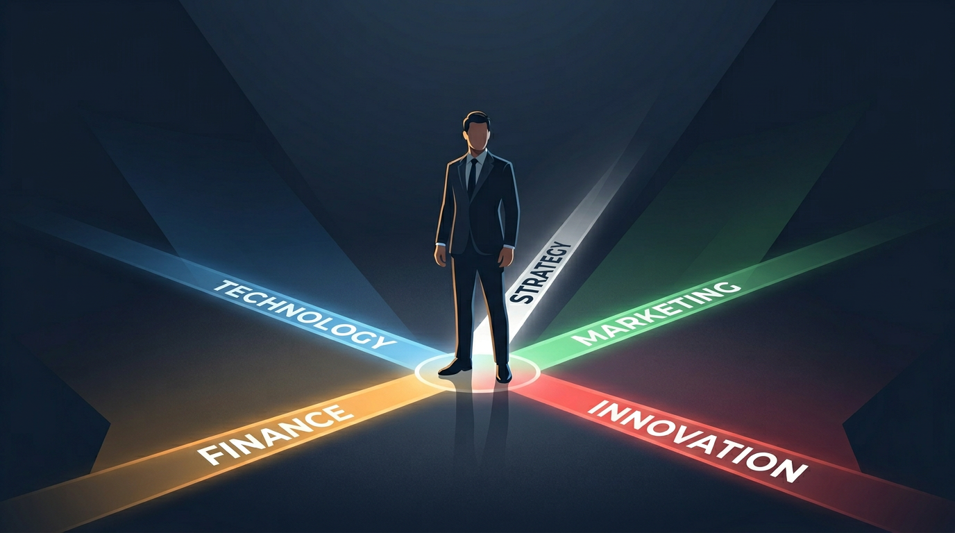 A professional at a crossroads of multiple disciplines — representing the shift from single-skill mastery to multi-disciplinary judgement